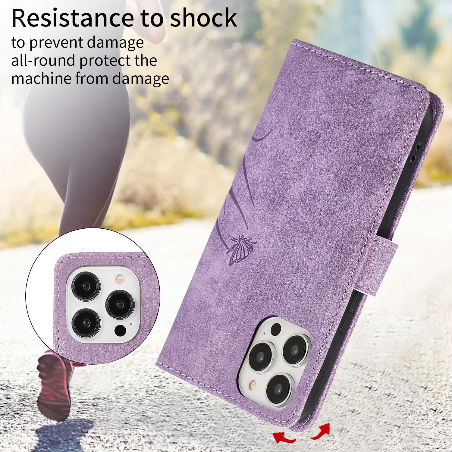 For iPhone 17 16 Pro Max 15 14 13 12 11 Butterfly Orchid Embossed Wallet Cute Phone Case with 1 Cash pocket & 3 Card Slots, Wrist Strap Lanyard Women Soft PU Leather Protective Flip Fold Stand Cover Magnetic Closure For Mom