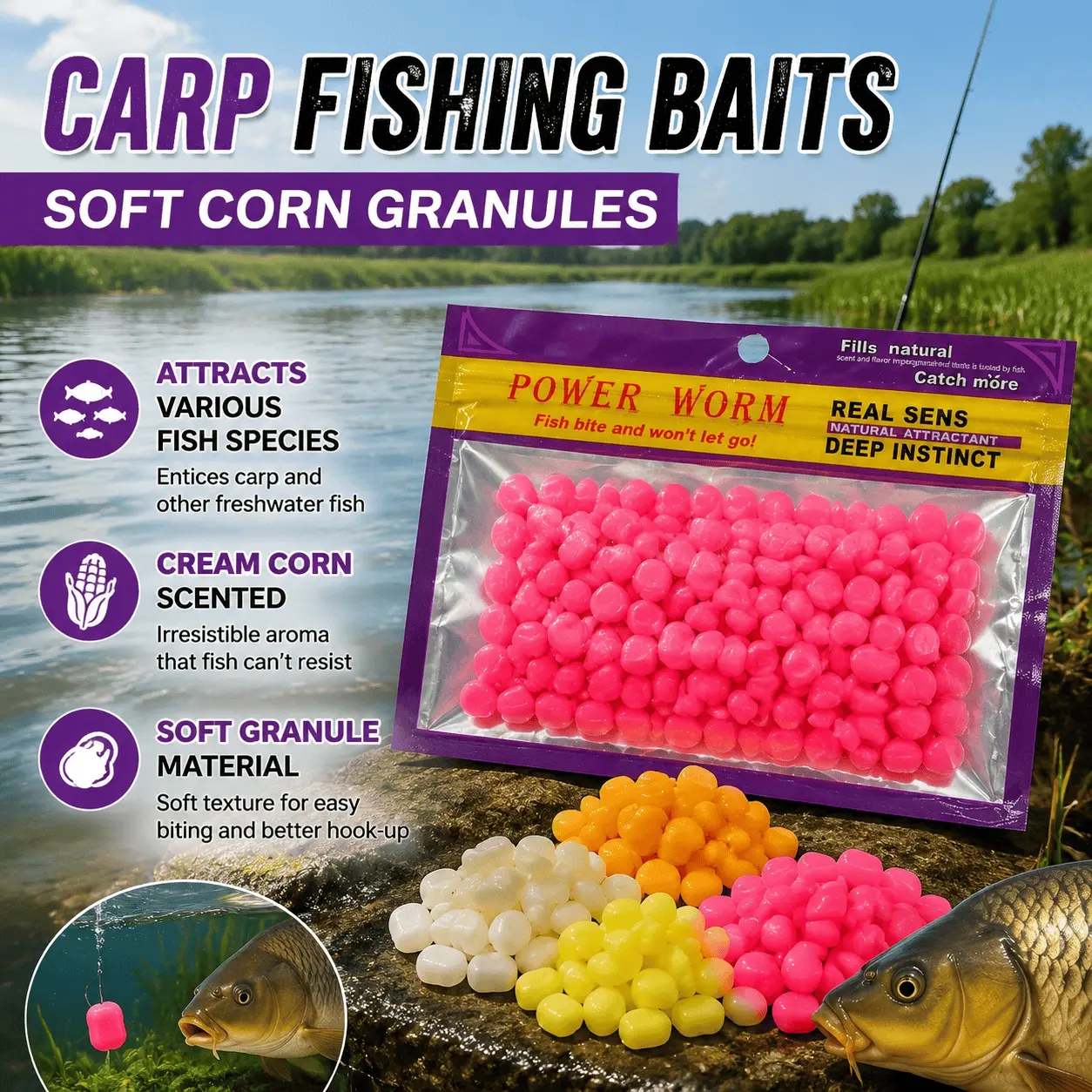 Professional Fishing Lure Kit: Artificial Fishing Lures, Cream Corn Scented Soft Pellets, 100 Pcs Multi-Color. Universal Freshwater & Saltwater Bait for Carp, Grass Fish. Enhanced Attraction, Long-Lasting Aroma, Durable Design.
