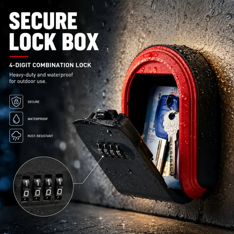 4 Digit Wall Mount Key Lock Box, Waterproof Rustproof Outdoor Combination Key Safe Storage Box for Home, Airbnb & Real Estate House Spare Keys