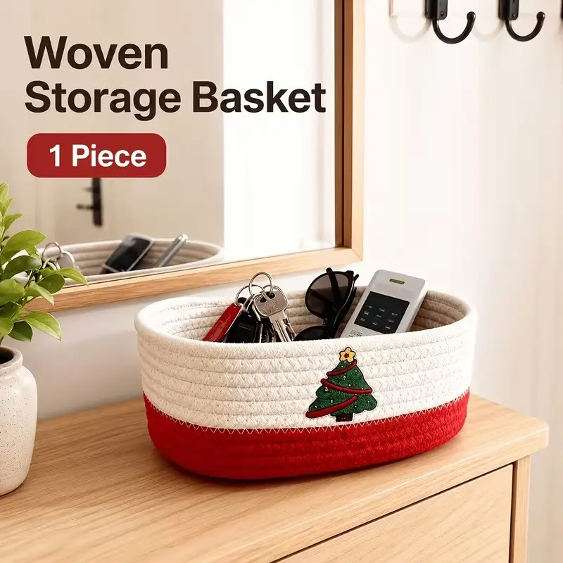 Festive Christmas Decorative Storage Basket, Color Block Xmas Tree Ornament Organizer, Multi-Function Home Storage Bin for Entryway Living Room Snack & Pet Supplies