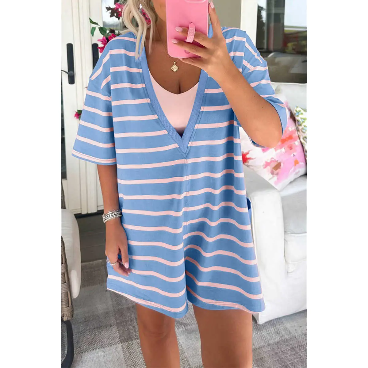 Women's Soft Sky Blue Stripe V-Neck Short-Sleeve Reversible Loose Overalls, Casual Fabric Double-Wear Romper, Striped, Rompers For Women, Cotton Blend, Loose Shift
