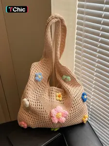 Korean Style Floral Decorated Handwoven Knit Tote Bag, Versatile Shoulder & Carry Handle, Perfect for Everyday Use, Slouchy Tote