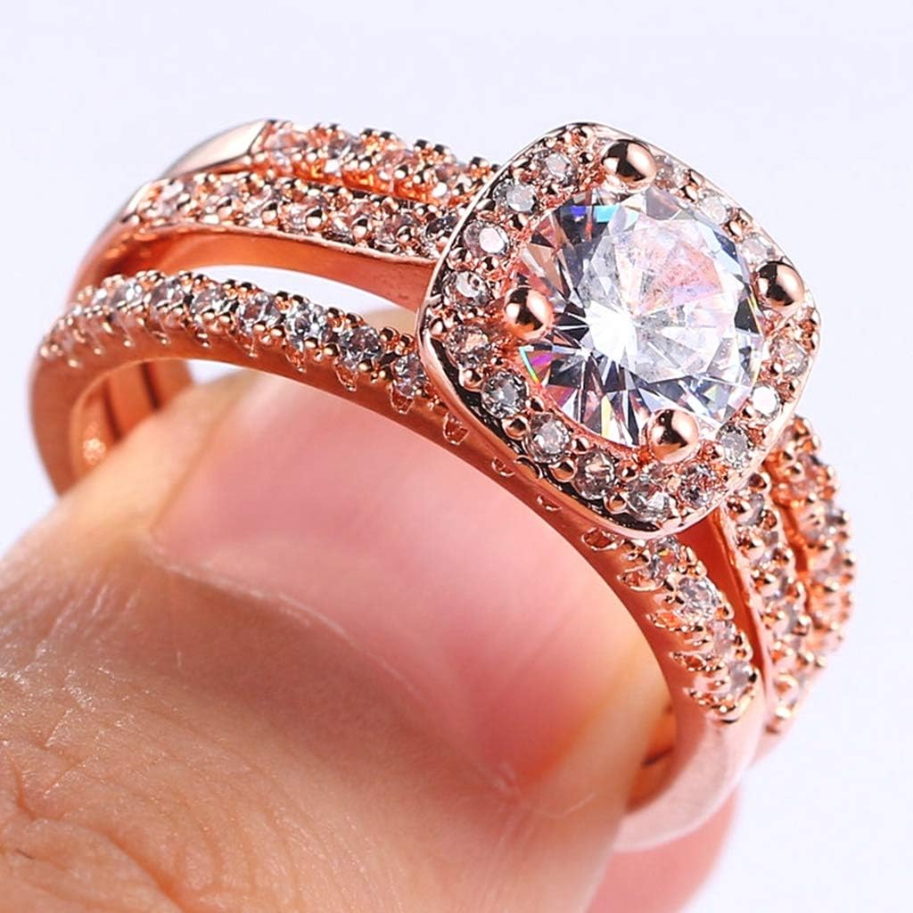 Silver Rose Gold Three-in-One Wedding Engagement Bridal Halo Ring Set