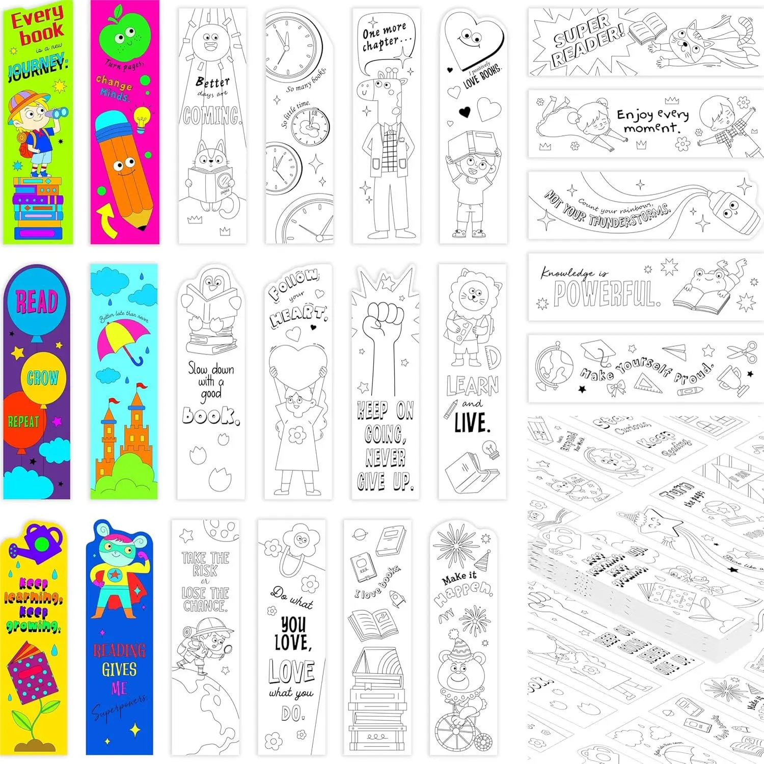 100 count Inspirational Bookmarks, 50 Designs DIY Coloring Book Markers Motivational Reading Page Holder for Students, Color Your Own Bookmark for Class Gifts, , Adults, Teachers, Book Lovers