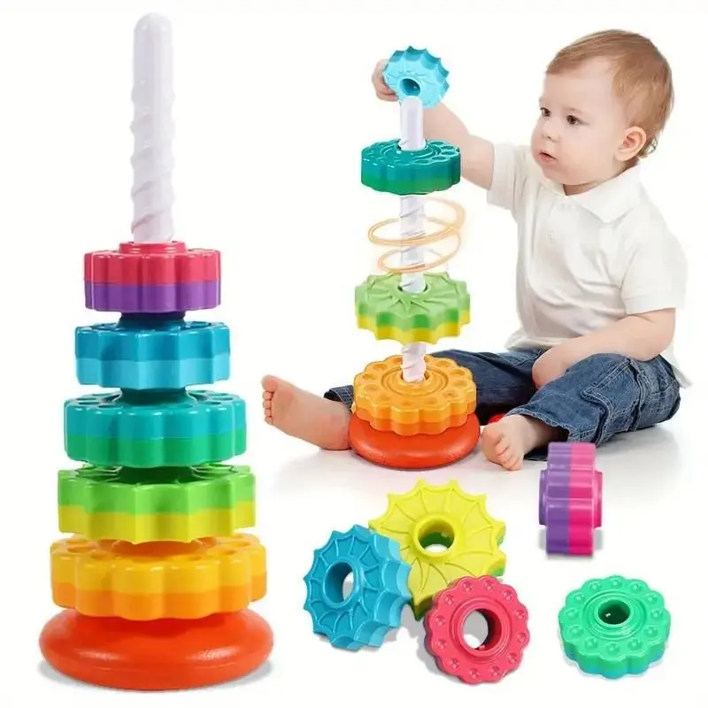 1PCS Montessori Rainbow Spinning Stacking Tower with Color Gears & Rotating Base, Color Box Packed Baby Educational Stacking Playset for Cognition, Hand-Eye Coordination & Motor Skill Training, Summer Holiday Parent-Child Interactive Gift