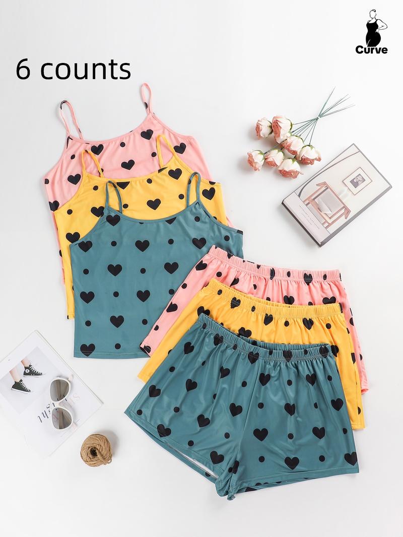 Plus Size Heart Print Elastic Waist Pyjama Set, Casual Sleeveless Spaghetti Strap Top & Shorts PJ Set, Women's Sleepwear for All Seasons