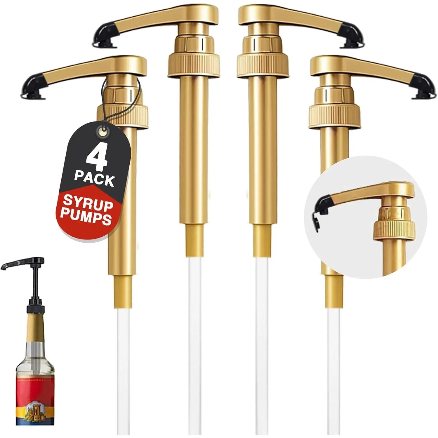 4 count Glod Syrup Pumps with Cap to Avoid Dripping, Leak Proof Coffee Syrup Dispenser, Fits 25.4 Oz Coffee Flavoring Syrup Bottles,  for  & Coffee Bar Drinking Mixes, , Beverage
