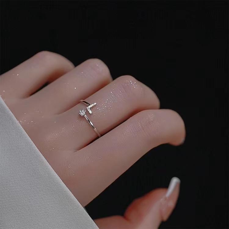 Silver Initial Letter Open Ring Set, Dainty CZ Adjustable Stackable Rings for Women
