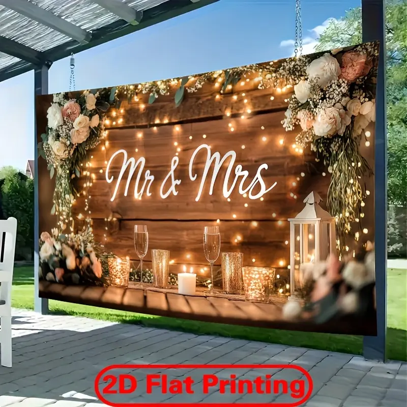 Rustic Mr & Mrs Geometric Floral Wall Backdrop - Lightweight Polyester Party Banner with Greenery Garland, Home Decor Tapestry for Wedding Reception, Studio Photography, Room Decoration, Multi-Size Gift, Print