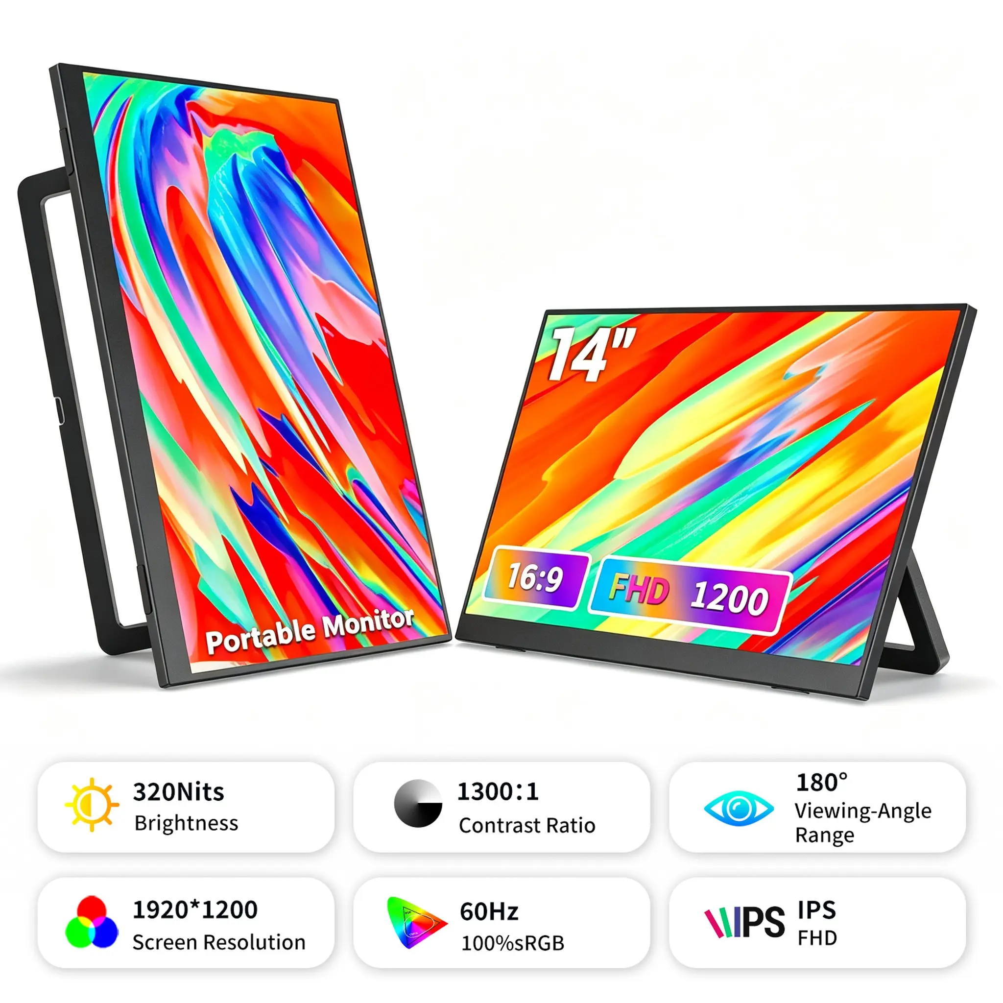 VEOUT 14 Inch Portable Monitor FHD 1080P IPS External Second Screen, 280Nits Brightness,178° Wide Viewing Angle,1000:1 Contrast Ratio,HDR & Low Blue Light,Built‑in Foldable Stand,USB‑C Plug‑and‑Play Travel Monitor for Laptop Phone Office Gaming