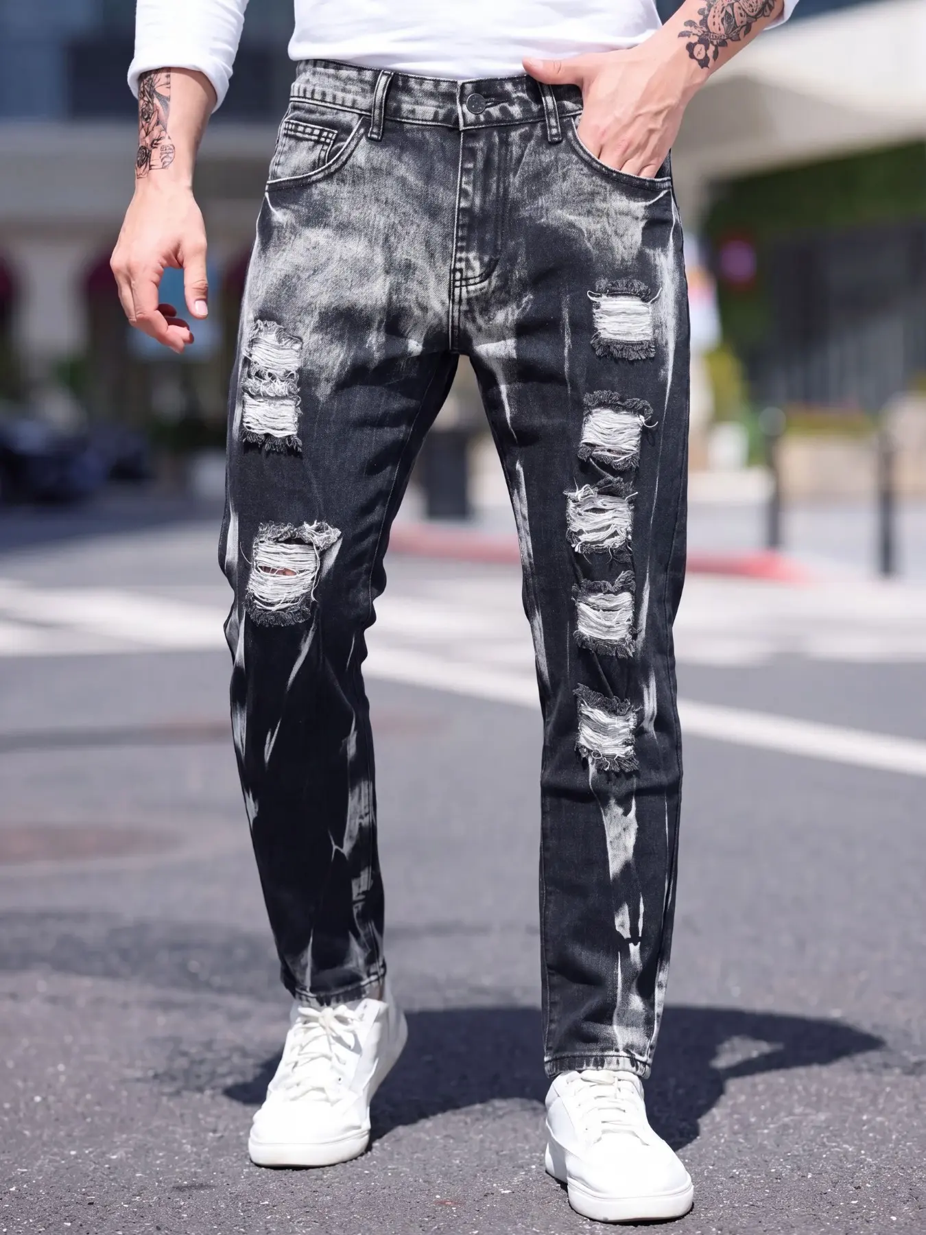 Men's Fitted Jeans, Gradient Splatter Hole Denim Jeans, Elastic Waist, Vintage Washed Edge, Streetwear Style, All Seasons