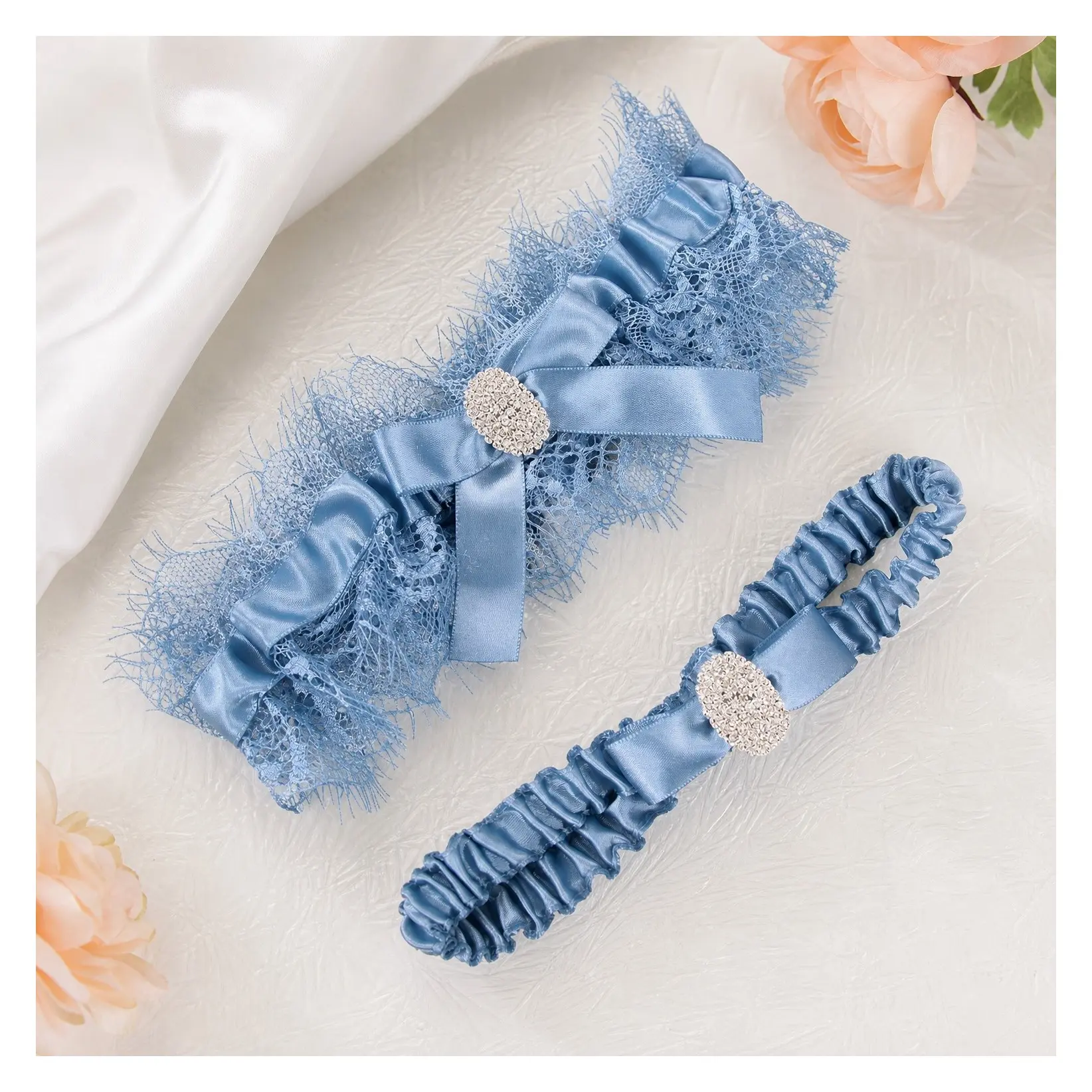 White Lace Bridal Garter Set with Something Blue for Women Bride Wedding GartersGift