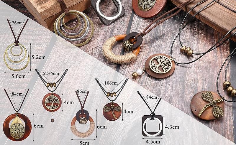 6PCS Boho Layered Long Necklaces for Women | Vintage Wooden Pendant Set | Trendy Dragonfly & Tree of Life Jewelry