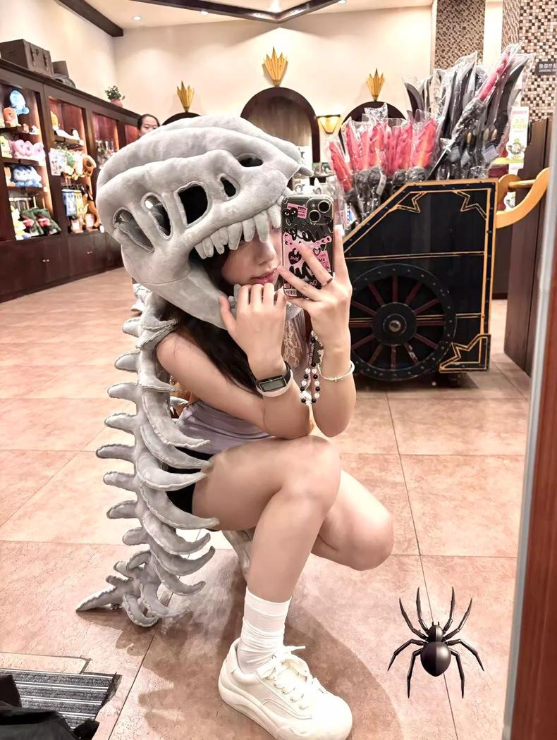 Chinese Dinosaur Skeleton Headgear Plush Toy Hat Prop Cosplay Children Adult Doll Birthday Gift