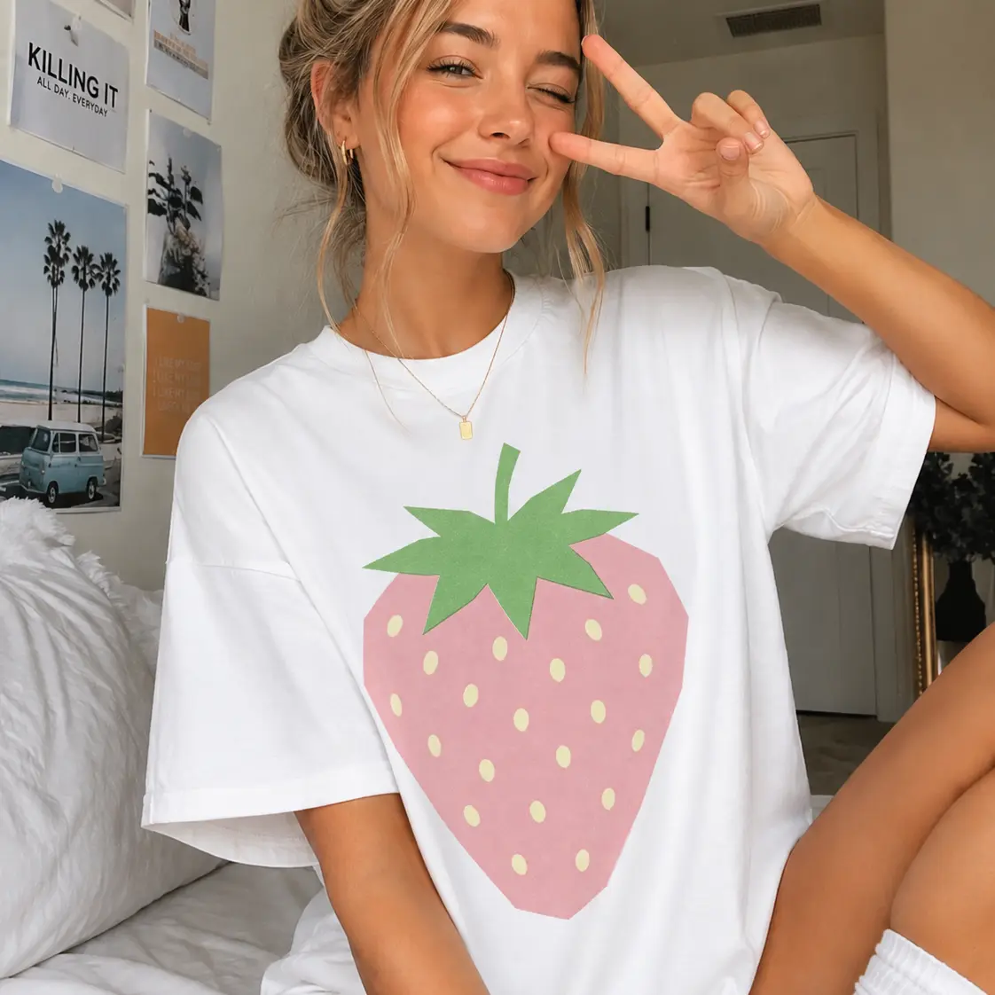 Fruit Printed T-Shirt , Printed With Strawberry, Pear, Guava And Orange Patterns, Women's Fun Printed T-Shirt, Premium Cotton , Casual Lightweight Top, Cute Short Sleeve Top | Funny Graphic And Indie Aesthetic T-Shirt