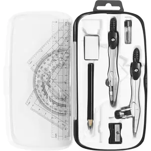 Unjoo Math Geometry Kit Sets 10 Piece Student Supplies with Shatterproof Storage Box,Includes Rulers,Protractor,Compass,Eraser,Pencil Sharpener,Lead Refills,Pencil,for Drafting and Drawings（Black）