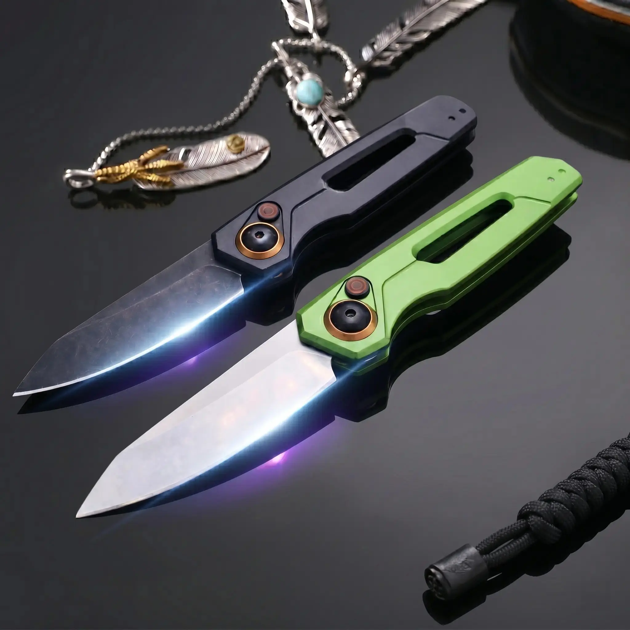 KS 7550 Pocket Sized EDC Folding Pocket Knife - 1-Hand Button Lock, Reverse Tanto Edge, Aircraft Alum. Handle, Corrosion Resis. CPM154 Blade, Compact Durable Outdoor Tasks Companion for Camping, Everyday Carry, Gift for Men, Hiking