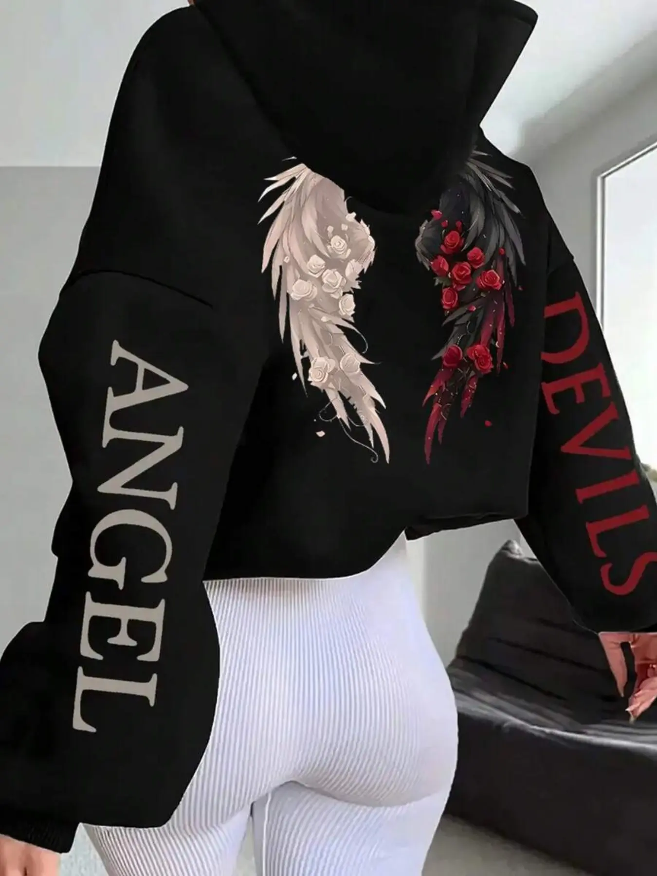 Women's Dark Sweet Cool Style Short Sleeve Hooded Sweatshirt, Angel Devil Letter Print, Loose Fit, All Seasons Casual Wear