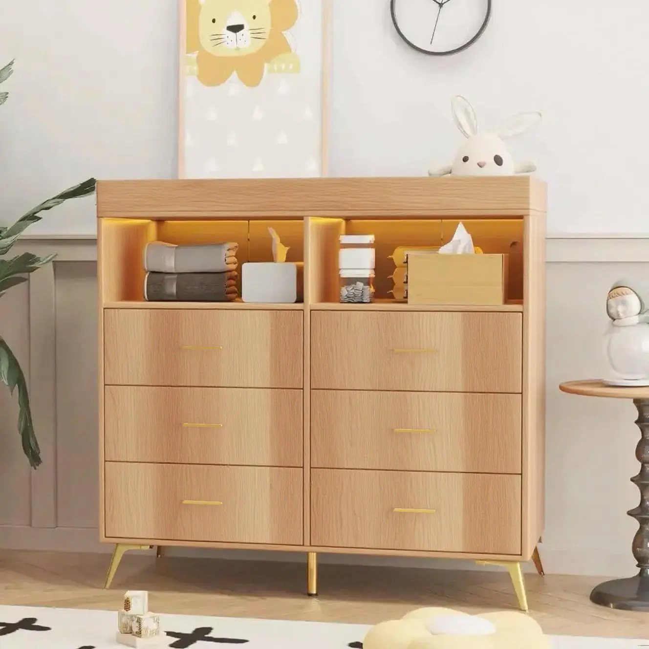 Modern Baby Changing Table Dresser with 6 Drawers - Convertible Changing Pad Top, LED Lighting, Power Outlet, Open Shelves - Nursery Storage Cabinet for Bedroom & Kids Room