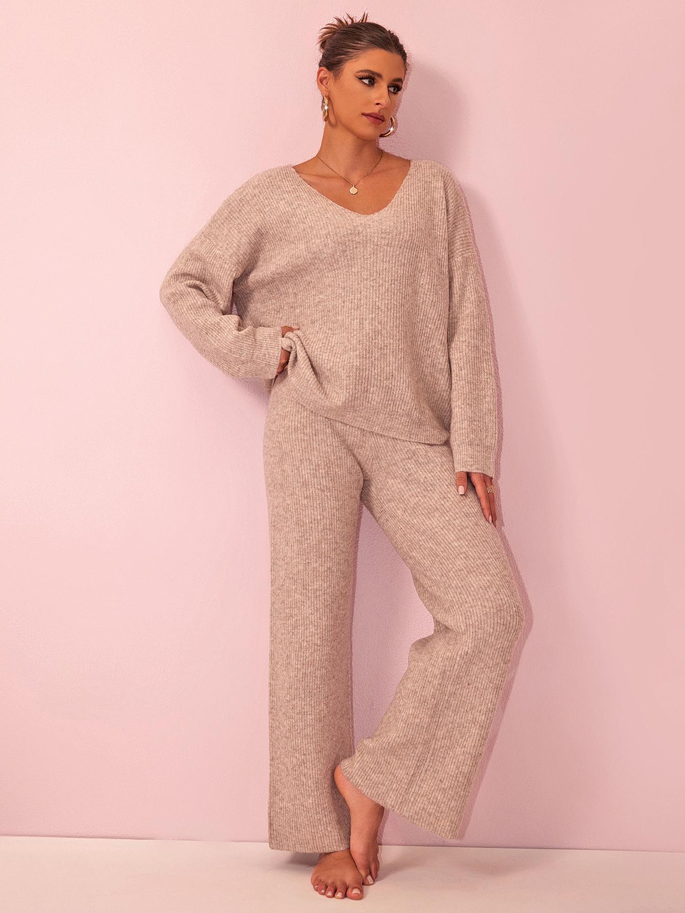 Joyfunear Women's V-Neck Knit Sweater & Wide-Leg Pants Lounge Set - Cozy Chic Comfortable for Casual Wear Soft Knit Fabric Long Sleeves High Waisted Pants S-XXL