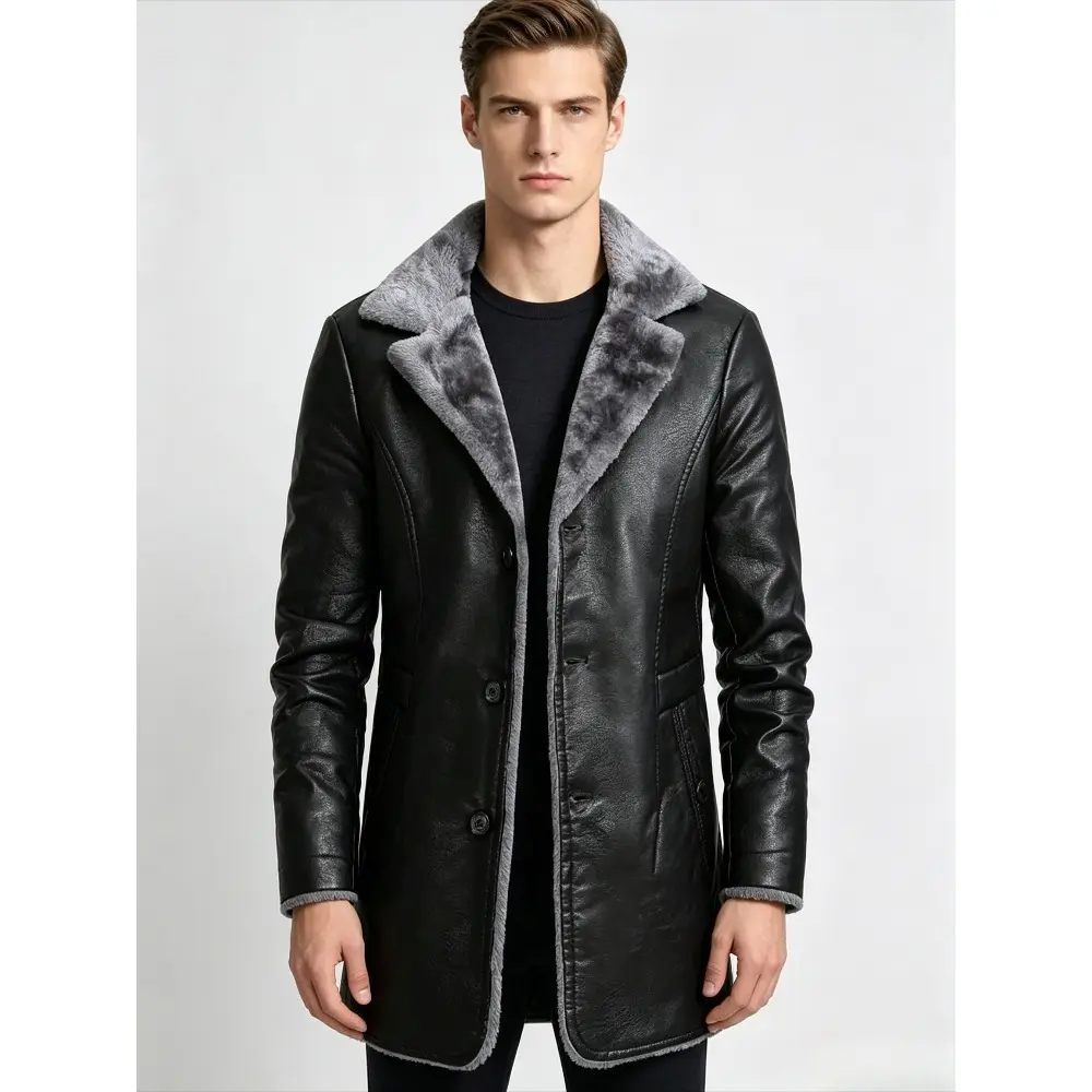 Men's PU Fleece-Lined Casual Warm Longsleeve Jacket - Chic Biker Blazer Tops, Autumn Winter Motocross Outerwear, Plain Black Beige Menswear Coats, Longsleeves