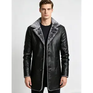 Men's PU Fleece-Lined Casual Warm Longsleeve Jacket - Chic Biker Blazer Tops, Autumn Winter Motocross Outerwear, Plain Black Beige Menswear Coats, Longsleeves