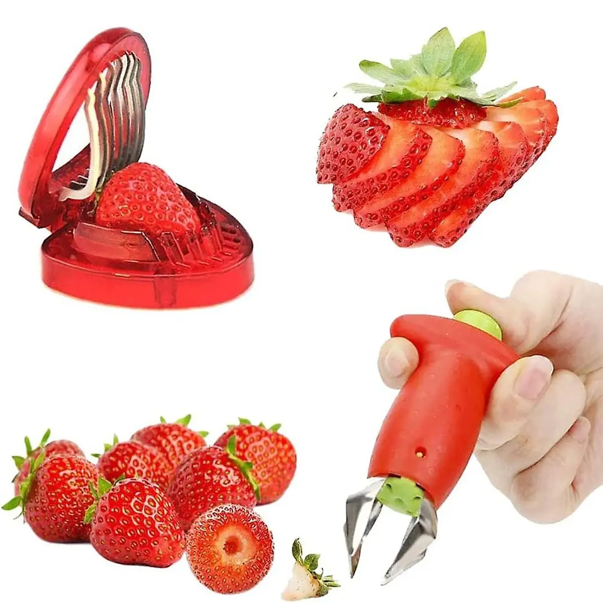 Stainless Steel Strawberry Slicer Set, Strawberry Cutter, Strawberry Huller and Stem Remover, Kitchen Fruit Processor, Summer Picnic Camping Home Party Use