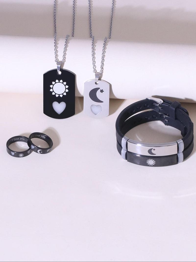 Couple Necklace & Bracelet & Ring Set, Fashion Jewelry for Party, Daily Clothing Decor, Trendy All-match & Exquisite Jewelry for Birthday Gift
