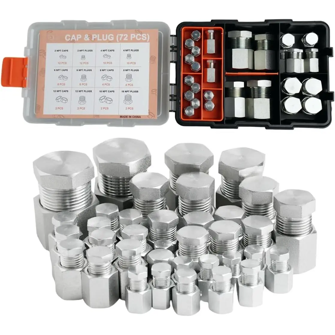 72 Pcs Hydraulic Hose Caps and Plugs Kit, NPT Cap and Plug Assortment Kit, Heavy Duty Seal Adapter Kit with Precision Threads, Steel Flare ting Set, Dash Sizes 2 4 6 8 12 16