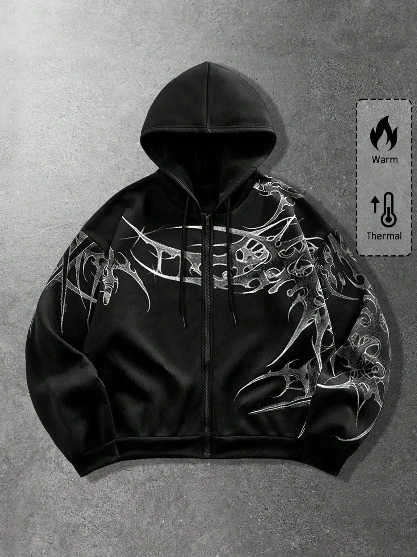 Unisex Black-Silver Gothic Vine Print Zip-Up Hoodie, Oversized Hooded Jacket with Tribal Flame Skull Pattern, Loose Long-Sleeve Sweatshirt in Dark Punk Style, Suitable for Daily Wear and Winter Campus Outfits