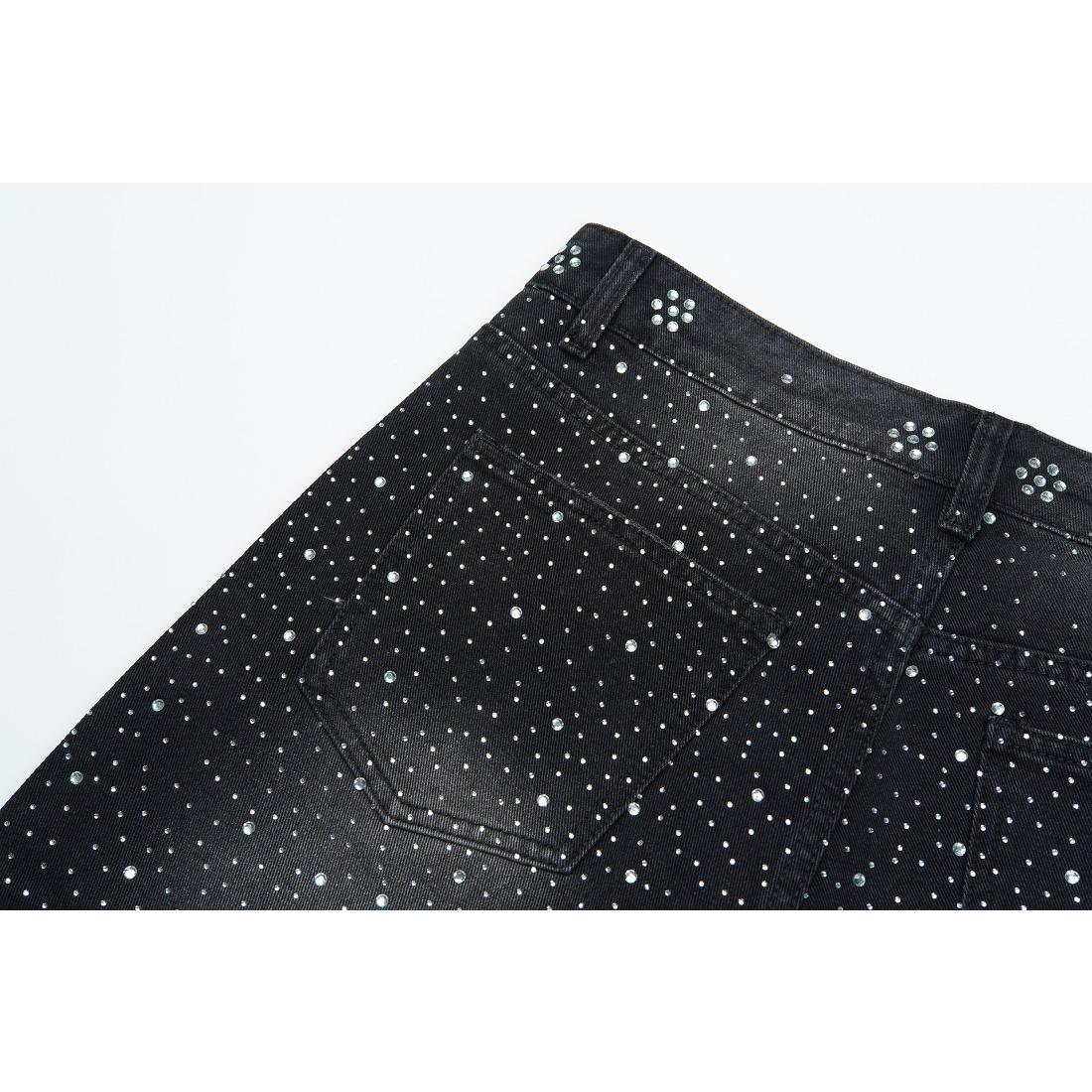 Full Rhinestone Shining Vintage Washed Baggy Denim Shorts Harajuku Y2K Streetwear Letter Embroidery Bling Diamond Loose Knee Length Hip Hop Casual Trendy Sparkly Distressed Jeans Shorts For Men Unisex