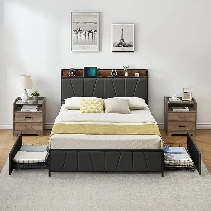 Linen Upholstered Platform Bed with Storage Headboard & 2 Drawers – Built-in Charging Station, Heavy Duty, Easy Assembly – Twin XL/Full /Queen/King– Grey