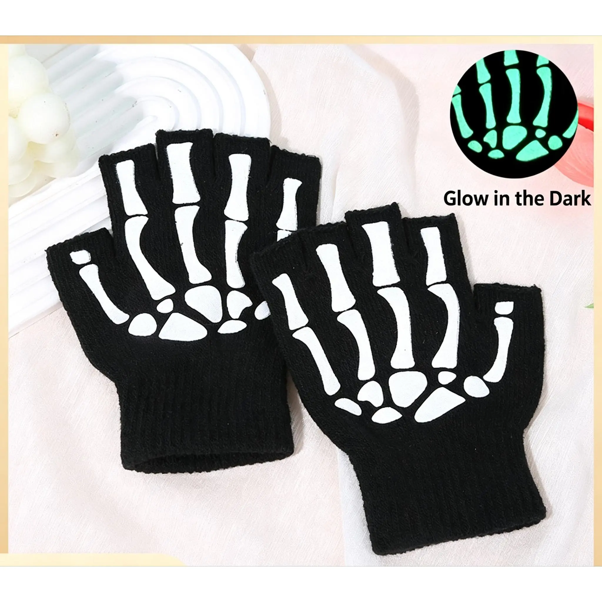 Halloween Skeleton Fingerless Gloves – Skull Print Half Finger Ghost Claw Gloves, Aesthetic Stretch Gloves for Typing, Party & Everyday Wear