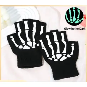 Halloween Skeleton Fingerless Gloves – Skull Print Half Finger Ghost Claw Gloves, Aesthetic Stretch Gloves for Typing, Party & Everyday Wear