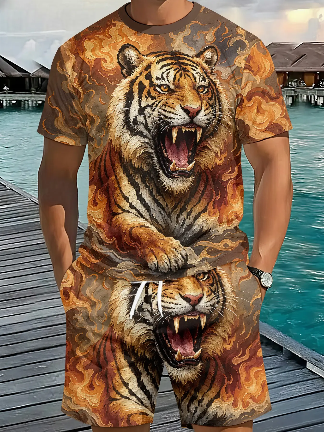 Two-piece set with all-over realistic 3D digital print featuring a roaring tiger surrounded by flames, 2Pcs, fashion suit, Menswear, stylish vacation outfit, breathable sporty casual style, an ideal holiday gift for men