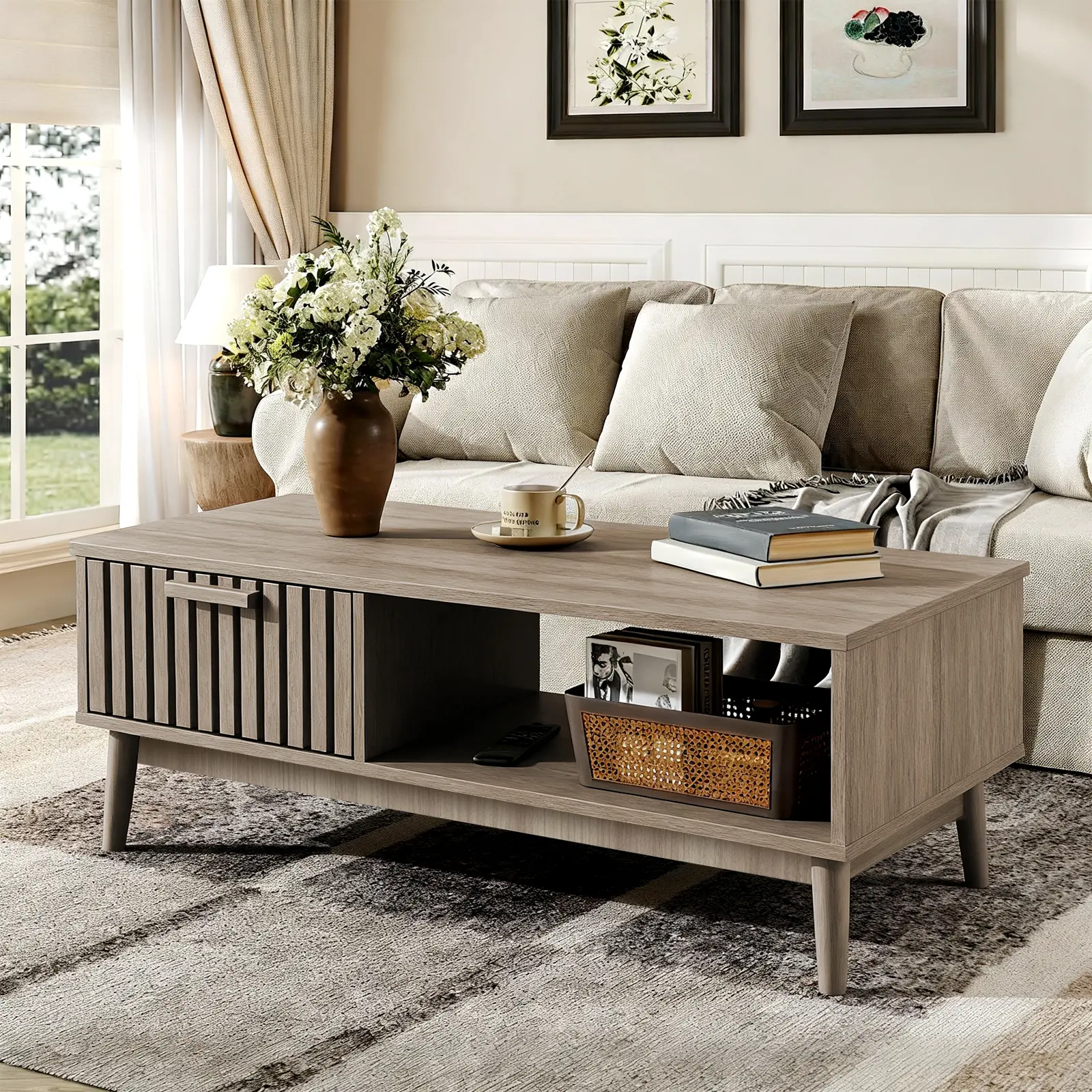 Walnut Finish Mid-Century Modern Coffee Table - Engineered Wood with Wood Grain, 39.2" Width, Dual-Side Storage, Fluted Sliding Doors, 4 Compartments, Curved Safety Edges, Tapered Legs, 25 lbs Capacity