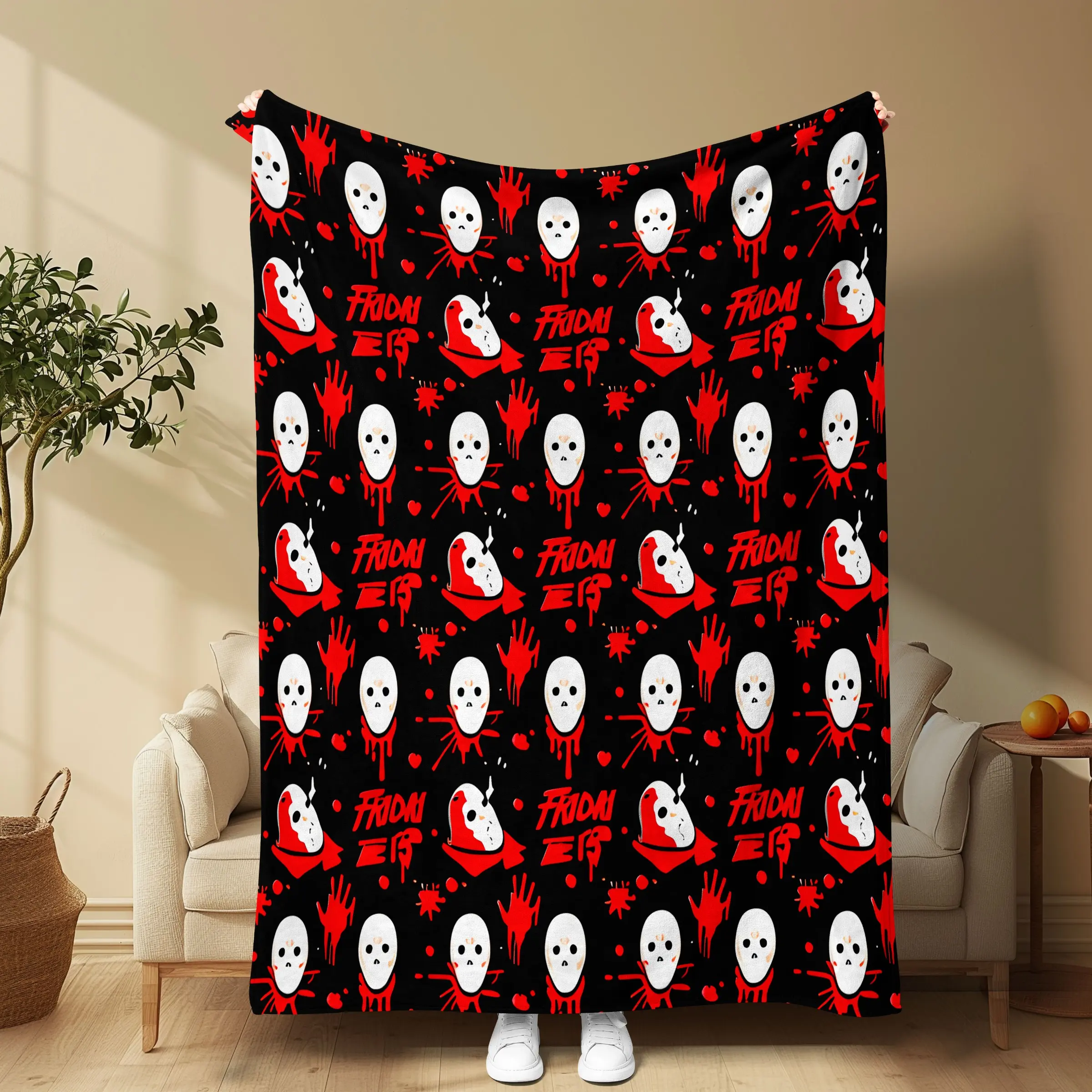Friday the 13th Jason Horror Limited Flannel Blanket, Blood Stain Mask Pattern, Soft Flannel, Halloween Decor, Gift for Horror Fans