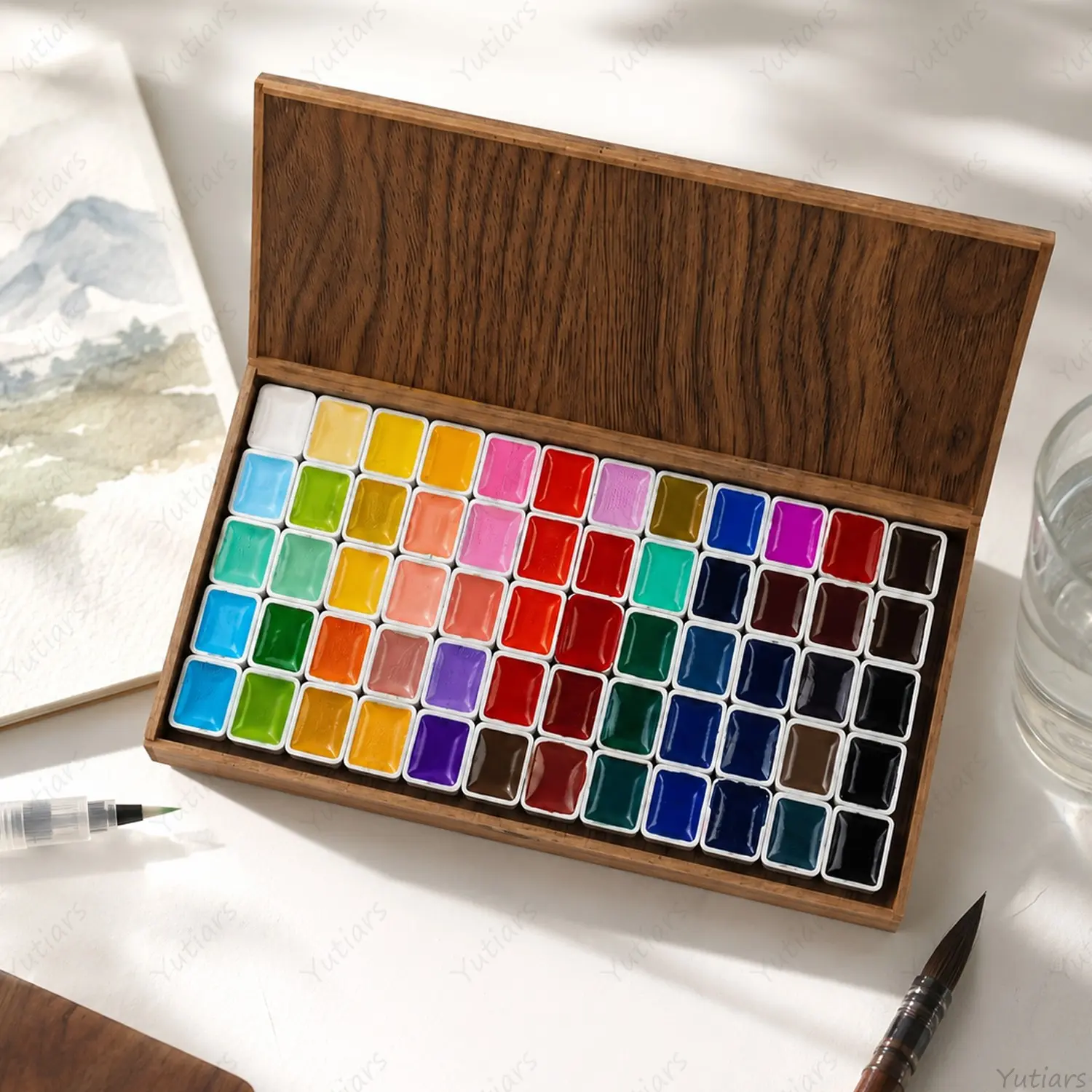 60 Color Solid Watercolor Paint Set Wooden Box, Complete Painting Supplies Kit for Beginners, Artists, Adults and Art Gift Ideas
