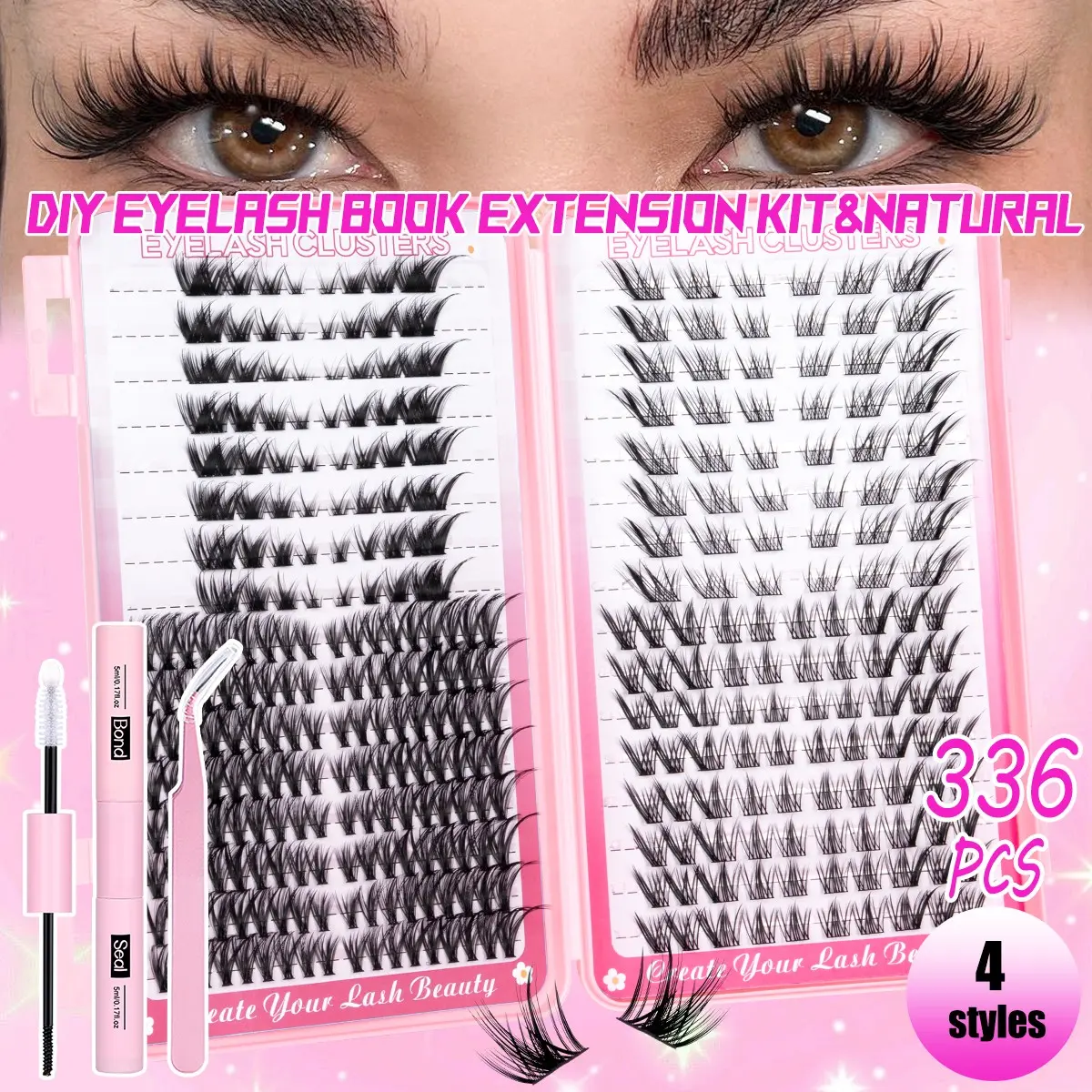 DIY Left&Right Lash Clusters Set,Fox Eye/40D/Manga, Wet Look Lash, Faux Mink Lashes Kit, Soft Lightweight Curled Eyelashes, Waterproof Long-Lasting, Includes Bond&Seal&Tweezers, Beginners Friendly