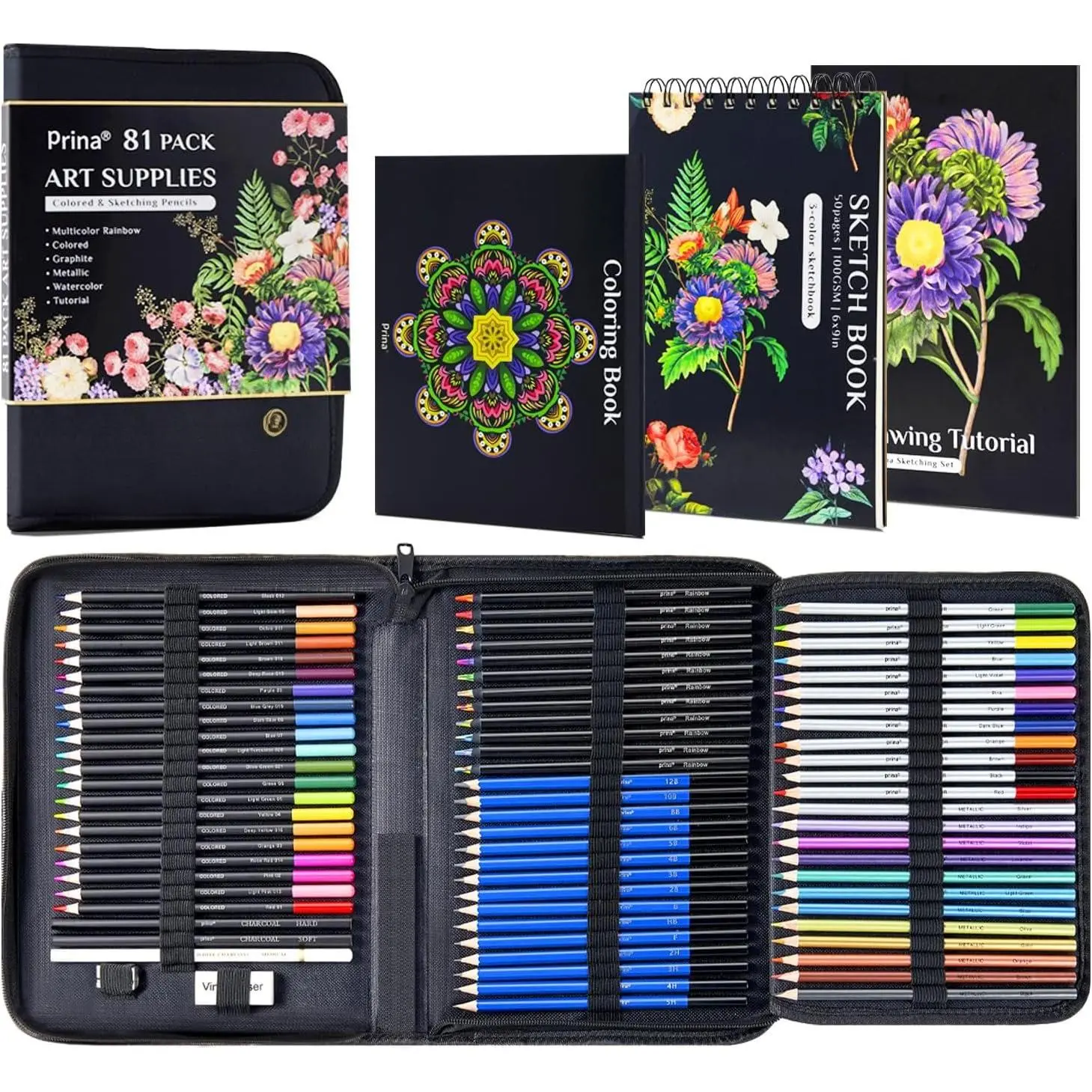 81-Piece Sketch Tools Kit, Pro Art Supplies Set with Rainbow, Colored, Graphite, Watercolor, Metallic, Charcoal Pencils, Sketchbook, Coloring Book & Case for Artists Adults (Office Stationery Writing Tools), 81-Piece Kit