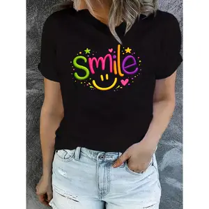 180g[100%cotton]Summer New Arrival: Women'S Short-Sleeve T-Shirt. This Casual And Stylish Top Features a Colorful 'Smile' Graphic, with The Letter 'I' Creatively Designed As a Yellow Smiling Face - an Elegant Addition to A Woman'S Wardrobe