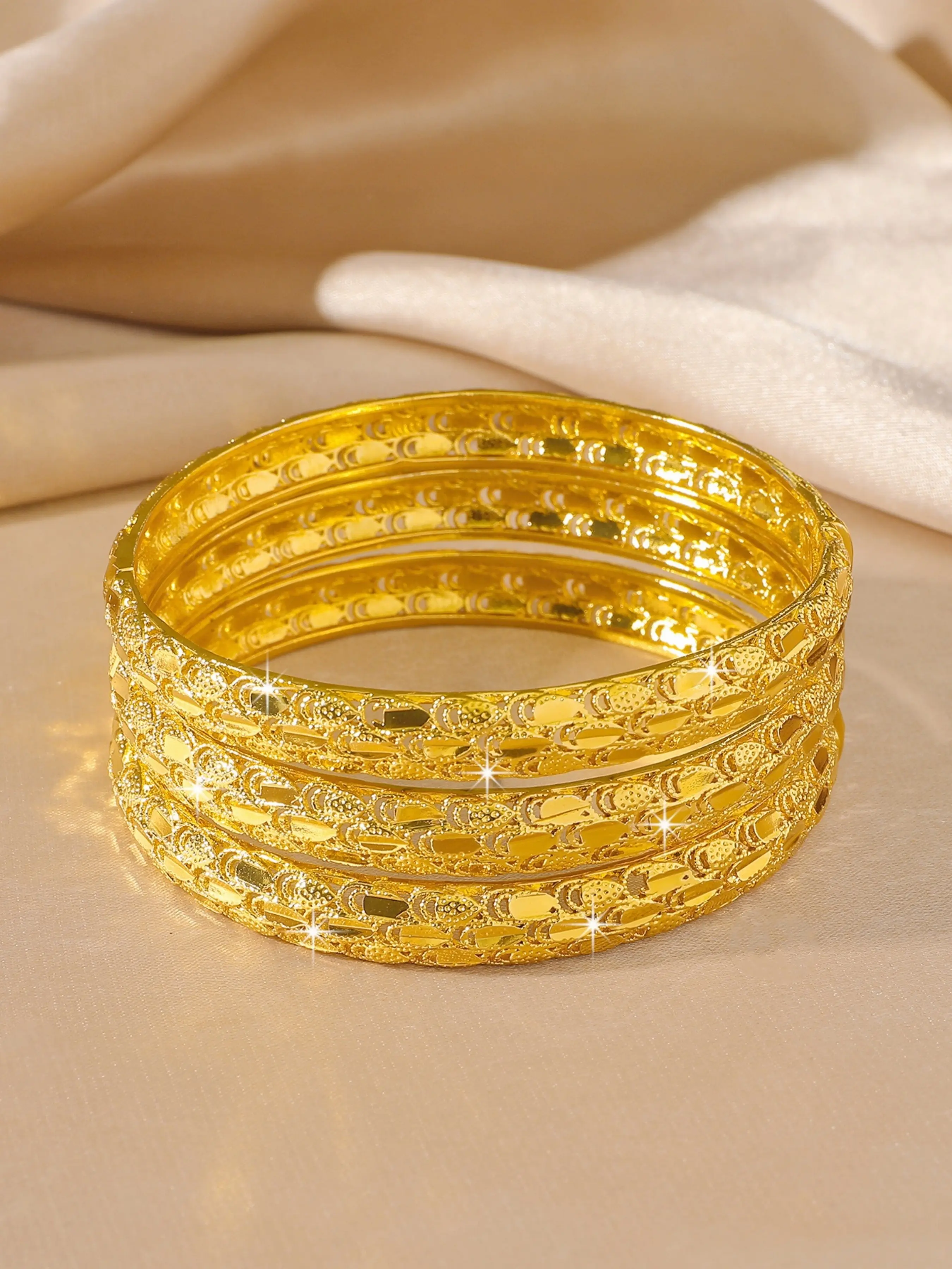 3-Piece 24k Gold Plated Feather Bangle Set, Luxurious Dubai Ethnic Wedding Jewelry, Ideal Gift for Weddings, Birthdays, Parties