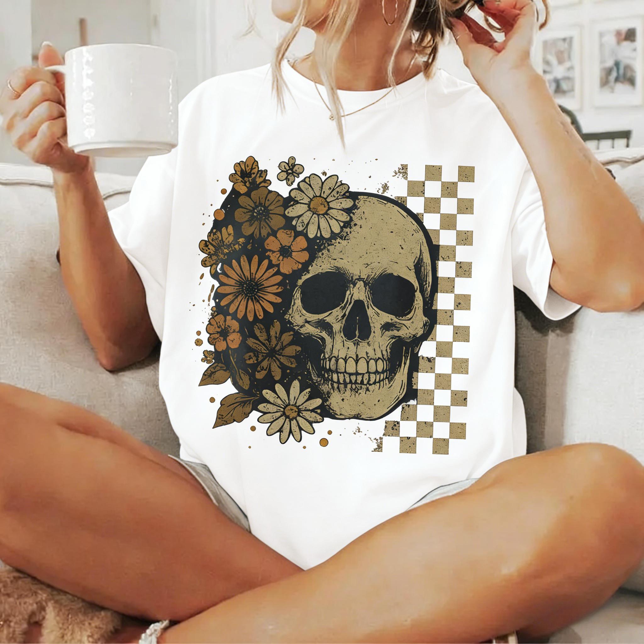Boho Skull Vintage Graphic T-Shirt Retro Summerween Spooky Aesthetic Tee Cute Halloween Floral Skull Apparel Hippie Spooky Season Gift Viral Trendy Summer Halloween Streetwear Unisex Heavy Cotton Casual Fashion Top Ultra-Soft Comfy Fabric Womenswear