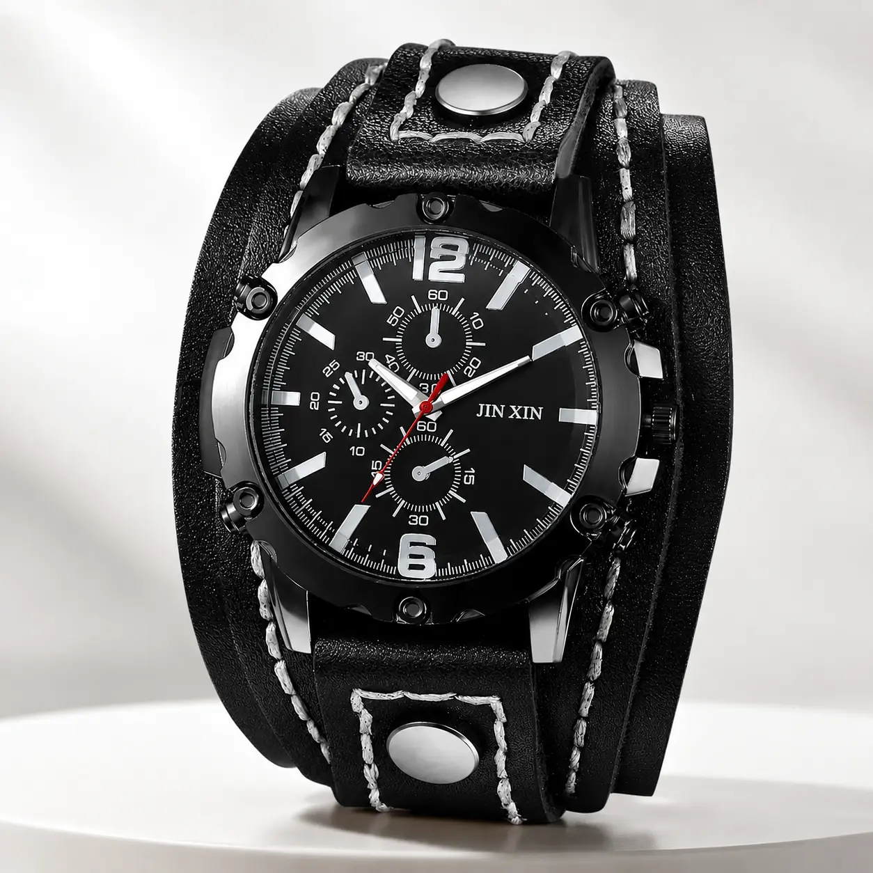 Men’s Punk Style Watch, Wide Genuine Leather Strap Quartz Wristwatch, Luminous Round Dial Steampunk Fashion Accessory