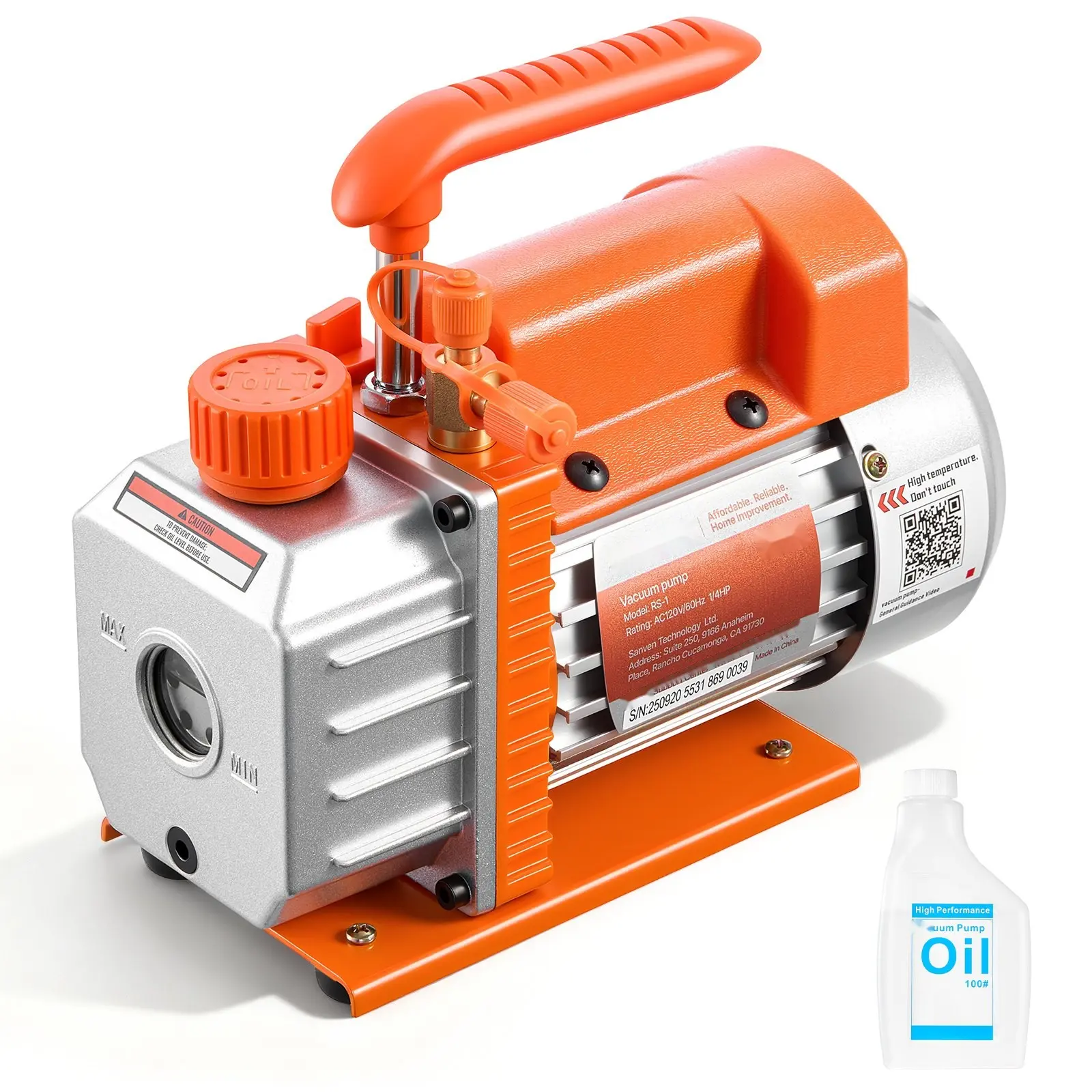 Vacuum Pump 3.5 CFM, 1/4 HP, HVAC Single-Stage Rotary Vane AC Vacuum Pump For R134a R22 R410a Systems, 4-Pole Motor For Automotive Air Conditioning Maintenance, Resin Degassing, Oil Included, Industrial Vacuum Tool