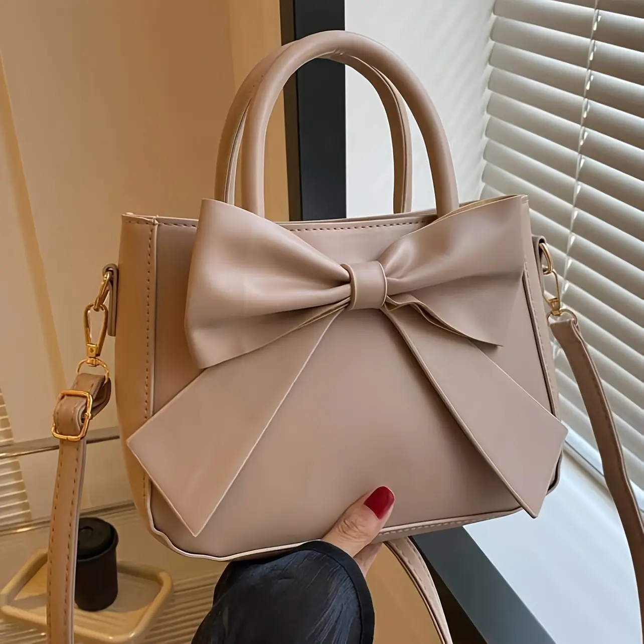 Elegant Nude Beige Bow Handbag for Women, Chic Top Handle Purse with Golden Hardware and Detachable Strap, Multi-Functional Shoulder Bag for Daily Work and Travel