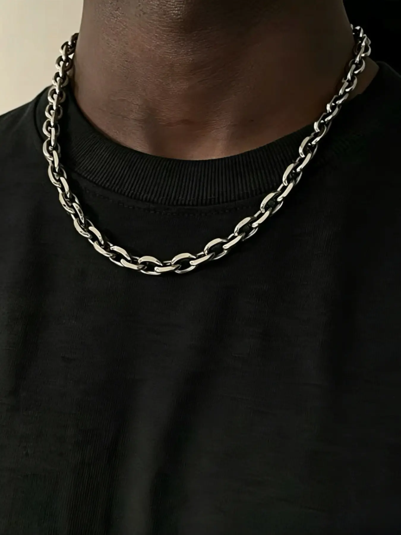Men Retro Silver Color Stainless Steel Necklace Hip Hop Thick O Chain Jewelry Rock Simple Outfit Necklace Accessories Gift