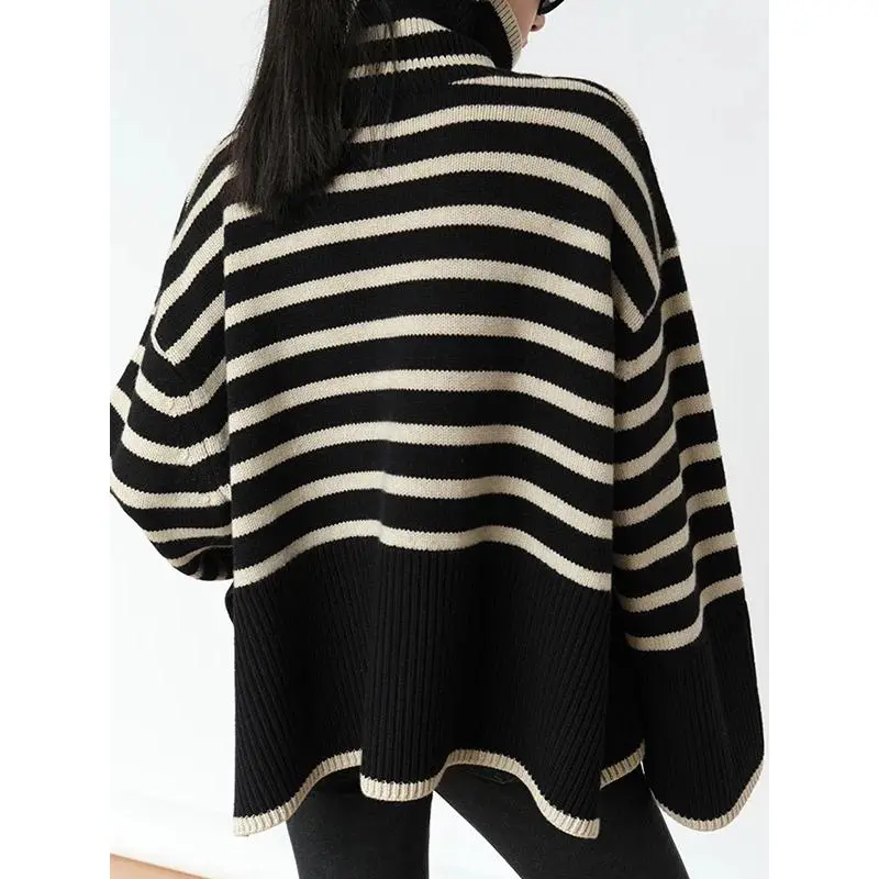 Women High Neck Striped Sweater, Oversized Loose‑fit Long Sleeve Pullover, Casual Side Split Knit Jumper, Daily Street‑style Warm Outfit, Fashion Contrast‑Color Stripe Top For Autumn Winter, Trendy Relaxed Fit Sweater For Daily Wear, Commute, Outdoor Dati