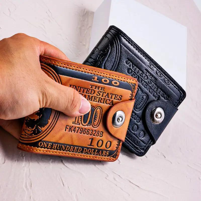 Retro Banknote Design Wallet, Unisex Slim Snap-Closure Coin Purse with Multiple Card Slots, Black & Brown Durable for Everyday Use