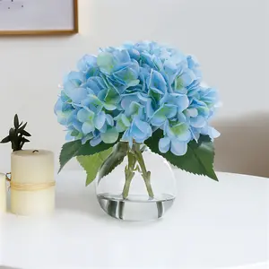 OUTGOODS 2 Pack Artificial Hydrangea Flowers in Glass Vase with Faux Water, Fake Hydrangeas
